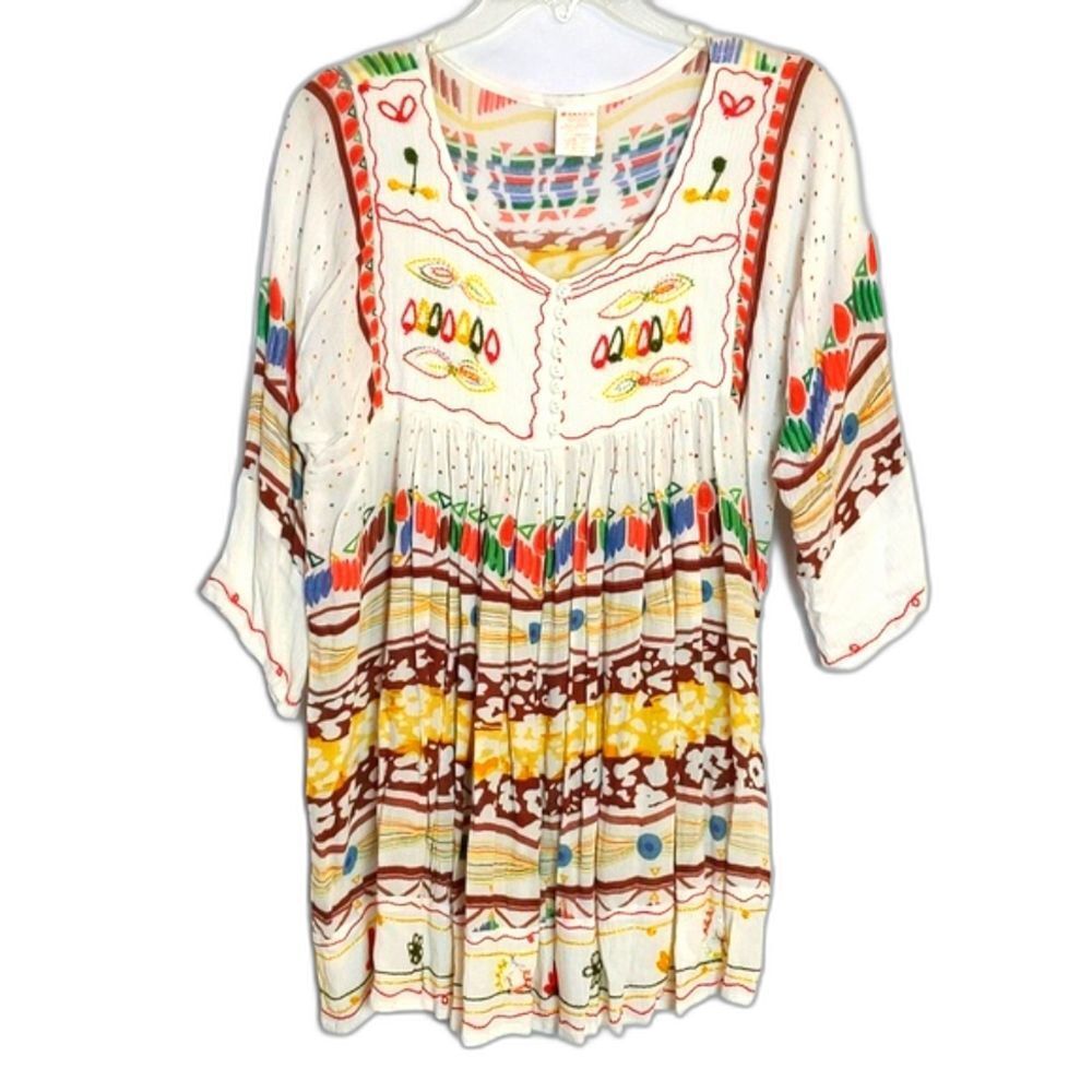 ANJLI Multicolor Colorful Boho Tunic Top 3/4 Sleeves OS